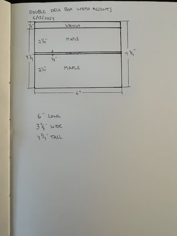 Dimensional plans for a small 6 inch long by 4 inch wide by 4.75 inch tall box drawn in pencil.